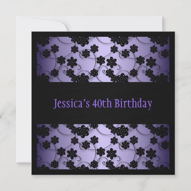 Purple & Black Flowers 40th Birthday Invitation (Front)