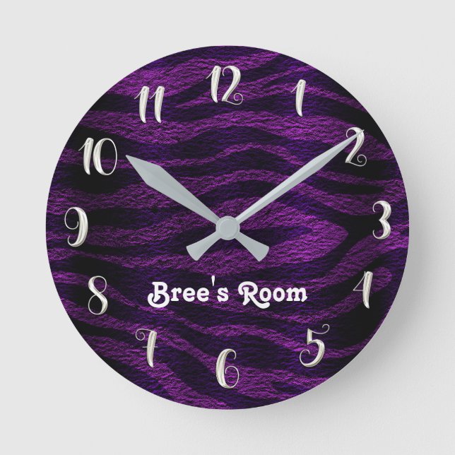 Purple & Black Funky Zebra Print Personalized Round Clock (Front)