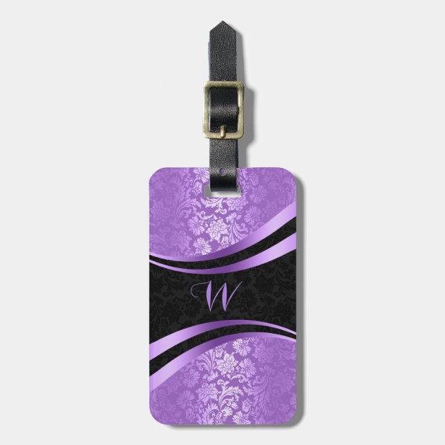 Purple & black geometric floral damasks luggage tag (Front Vertical)
