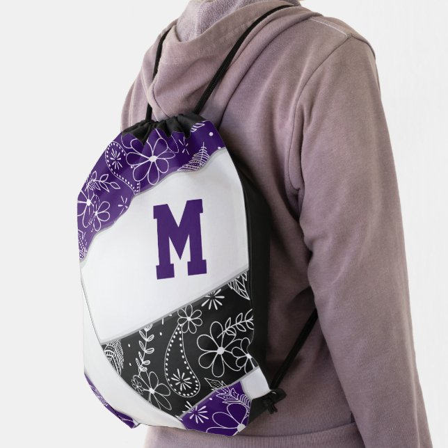 purple black girly boho pattern volleyball  drawstring bag (Insitu)