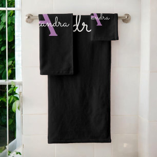 Purple Black Girly Script Monogram Name Bath Towel Set