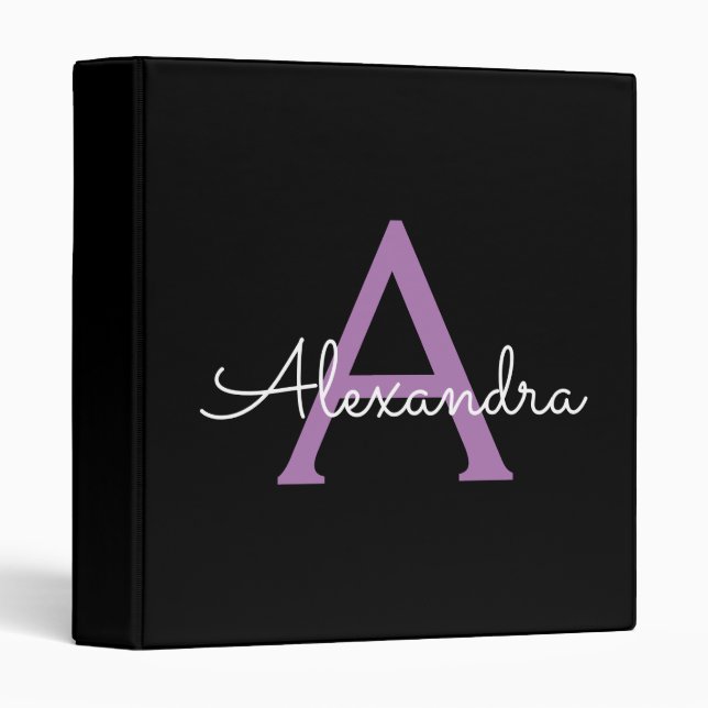Purple Black Girly Script Monogram Name Modern 3 Ring Binder (Front/Spine)