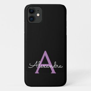 Purple Black Girly Script Monogram Name Modern iPhone 11 Case