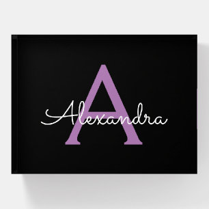 Purple Black Girly Script Monogram Name Modern Paperweight