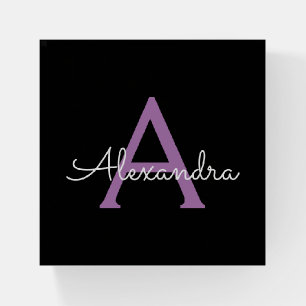 Purple Black Girly Script Monogram Name Modern Paperweight