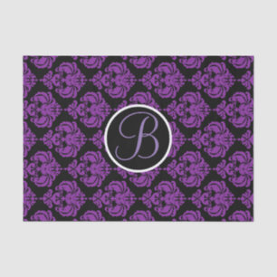 Purple & Black Glam Damask Monogram Letter Initial Tissue Paper