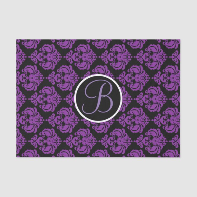 Purple & Black Glam Damask Monogram Letter Initial Tissue Paper (Front)