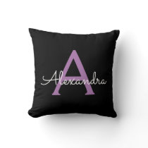 Purple Black Glam Script Girly Monogram Name Throw Pillow
