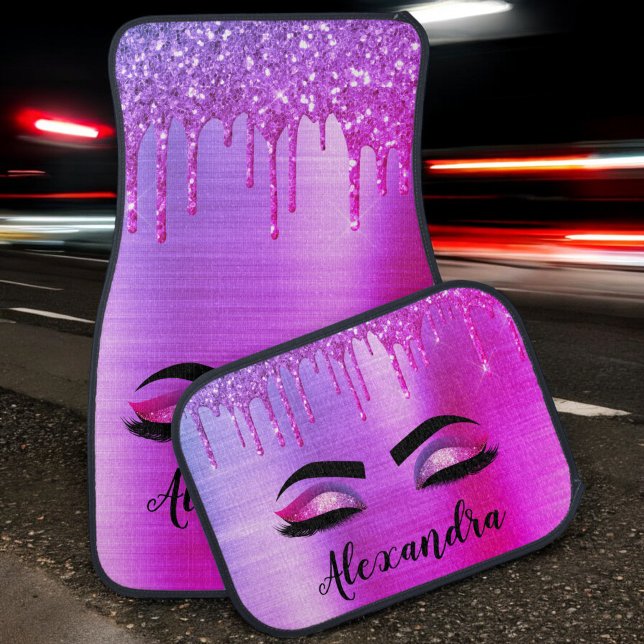 Purple Black Glitter Eyelashes Monogram Name Car Floor Mat (Creator Uploaded)
