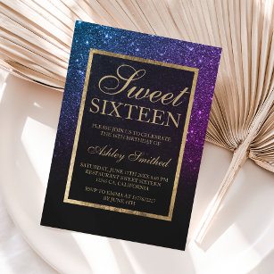 Purple black glitter gold elegant chic Sweet 16 Invitation