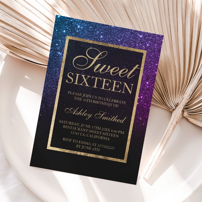 Purple black glitter gold elegant chic Sweet 16 Invitation (Creator Uploaded)