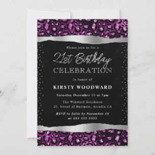 Purple & Black Glitter Leopard Spots 21st Birthday Invitation