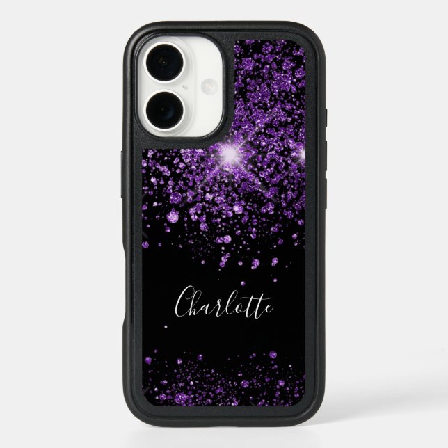 Purple black glitter monogram name otterbox iPhone case (Back)
