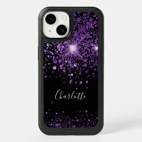 Purple black glitter monogram name OtterBox iPhone 14 case