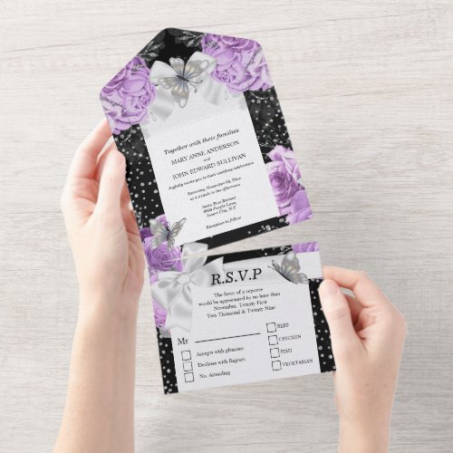 Purple black glitter silver butterfly glam rose  all in one invitation
