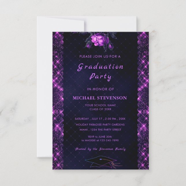 Purple Black Glitter Sparkly Graduation Invitation (Front)