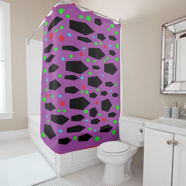 Purple black globes with tiny blue stars shower curtain (In Situ)