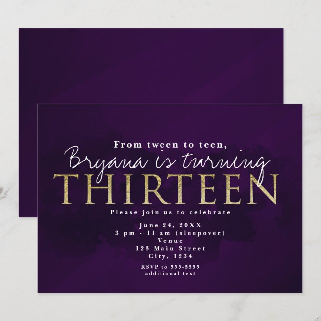 Purple Black & Gold 13 THIRTEEN 13th Party Invitation (Front/Back)