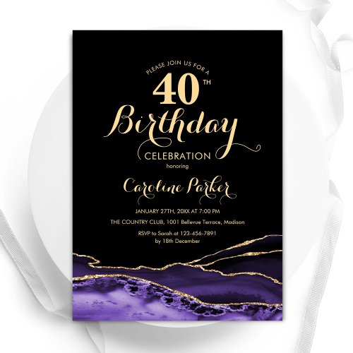 Purple Black Gold Agate 40th Birthday Invitation