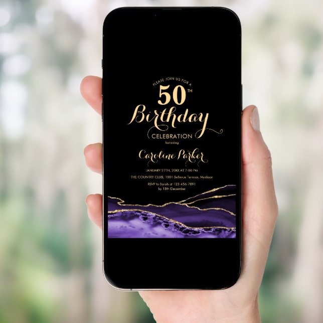 Purple Black Gold Agate 50th Birthday Invitation (Front Digital)