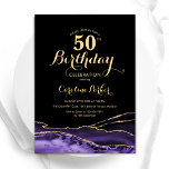 Purple Black Gold Agate 50th Birthday Invitation<br><div class="desc">Purple,  black and gold agate 50th birthday party invitation. Elegant modern design featuring watercolor agate marble geode background,  faux glitter gold and typography script font. Trendy invite card perfect for a stylish women's bday celebration. Printed Zazzle invitations or instant download digital printable template.</div>