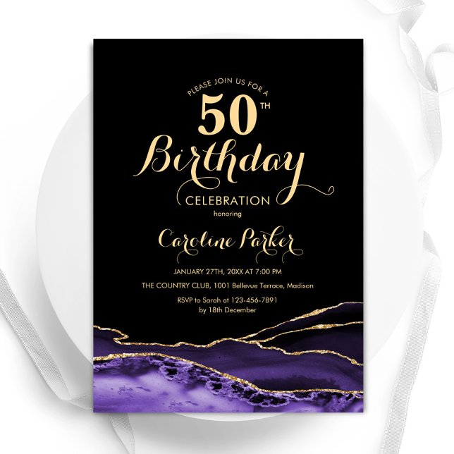 Purple Black Gold Agate 50th Birthday Invitation (Creator Uploaded)