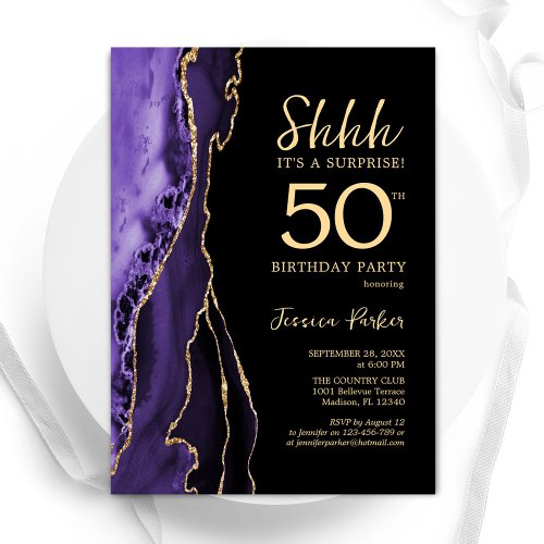 Purple Black Gold Agate Surprise 50th Birthday Invitation