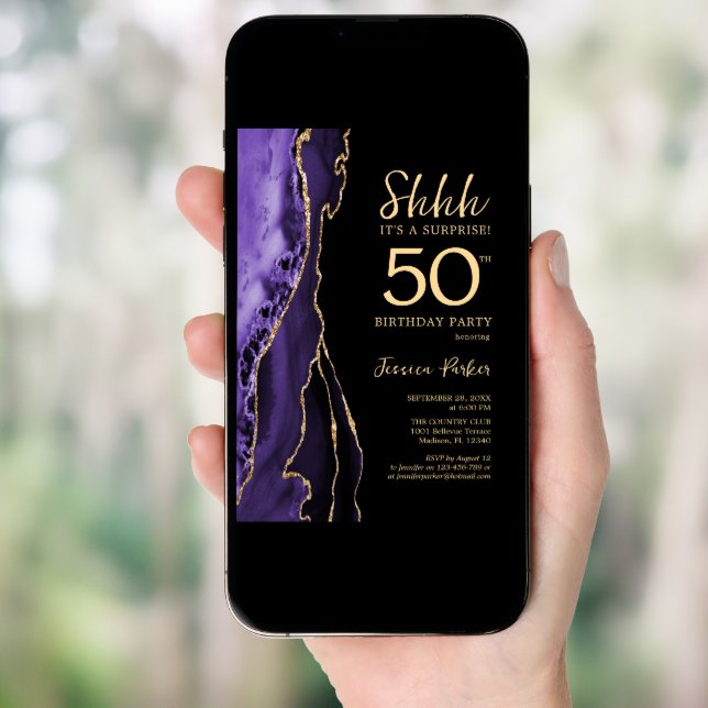 Purple Black Gold Agate Surprise 50th Birthday Invitation (Front Digital)