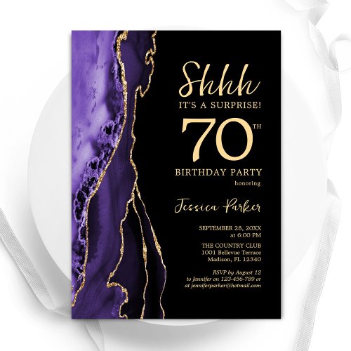 Purple Black Gold Agate Surprise 70th Birthday Invitation