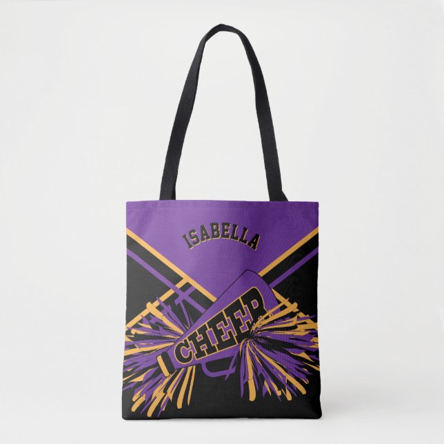 Purple, Black & Gold Cheerleader Design Tote Bag (Front)