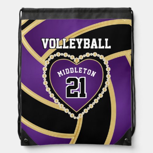 Purple Black  Gold _ Love Volleyball  Drawstring Bag