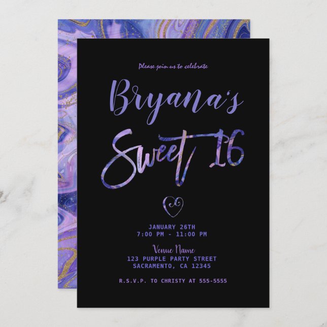 Purple Black Gold Marble Chic Glam Sweet 16 Party Invitation (Front/Back)