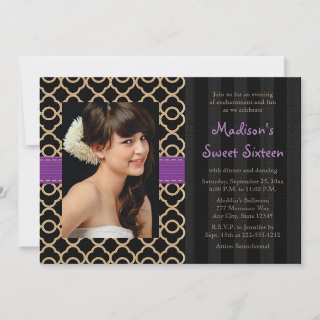 Purple Black Gold Moroccan Sweet Sixteen Photo Invitation (Front)