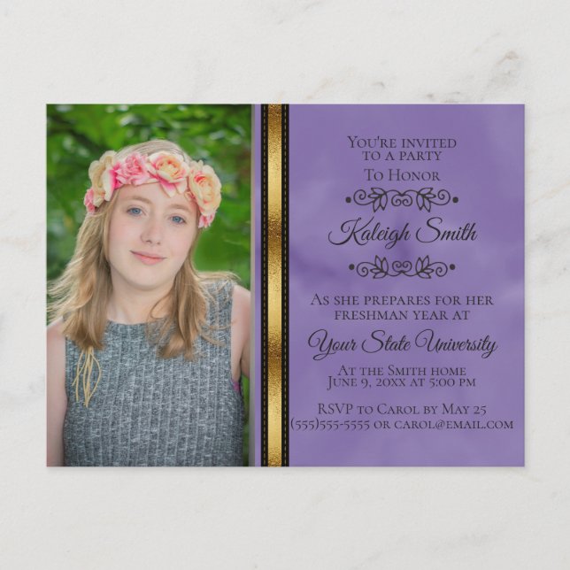 Purple Black Gold Photo College Trunk Party Invitation Postcard (Front)