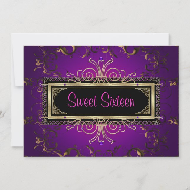 Purple Black Gold Sweet Sixteen Birthday Party Invitation (Front)
