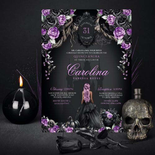 Purple Black Gothic Princess Halloween Quinceanera Invitation