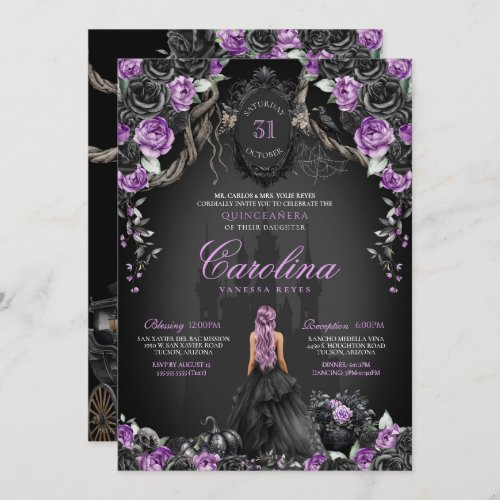 Purple Black Gothic Princess Halloween Quinceaera Invitation