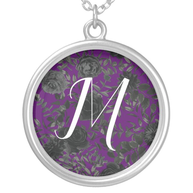 Purple Black Gothic Wedding Elegant Floral Silver Plated Necklace (Front)