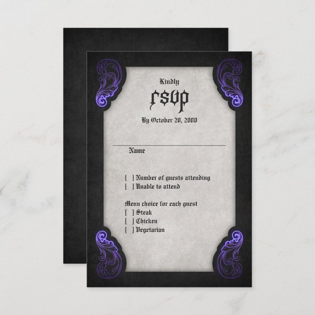 Purple Black Gothic Wedding RSVP Card (Front/Back)