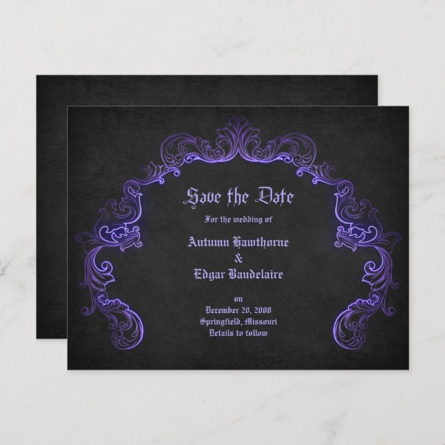Purple Black Gothic Wedding Save The Date (Front/Back)