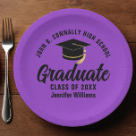 Purple Black Graduate Custom Graduation Party Paper Plates<br><div class="desc">This modern purple and black custom graduation party paper plate features typography of your high school or college name for the class of 2026. Customize with your graduating year under the chic handwritten script and grad cap for a great personalized graduate decor.</div>