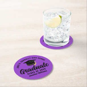 Purple Black Graduate Custom Graduation Party Round Paper Coaster