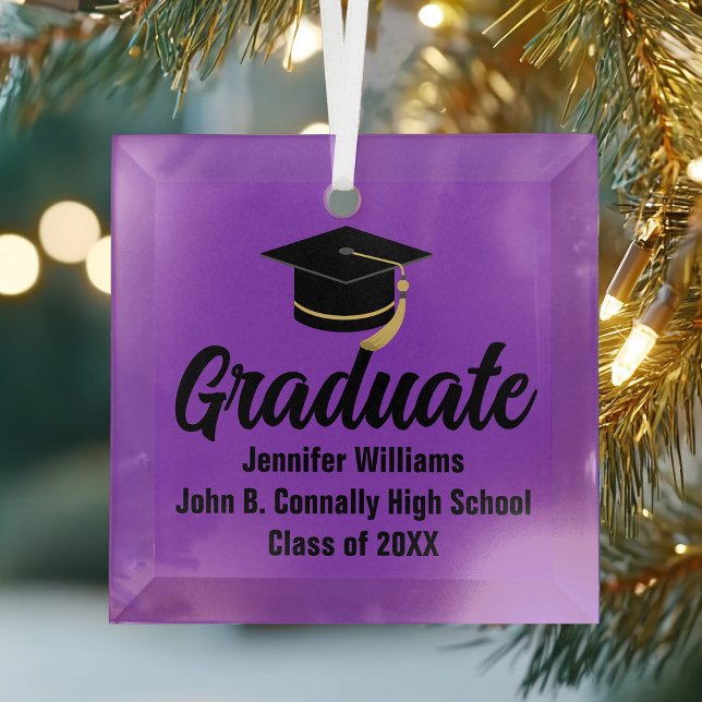 Purple Black Graduate Personalized Graduation Glass Ornament (Creator Uploaded)