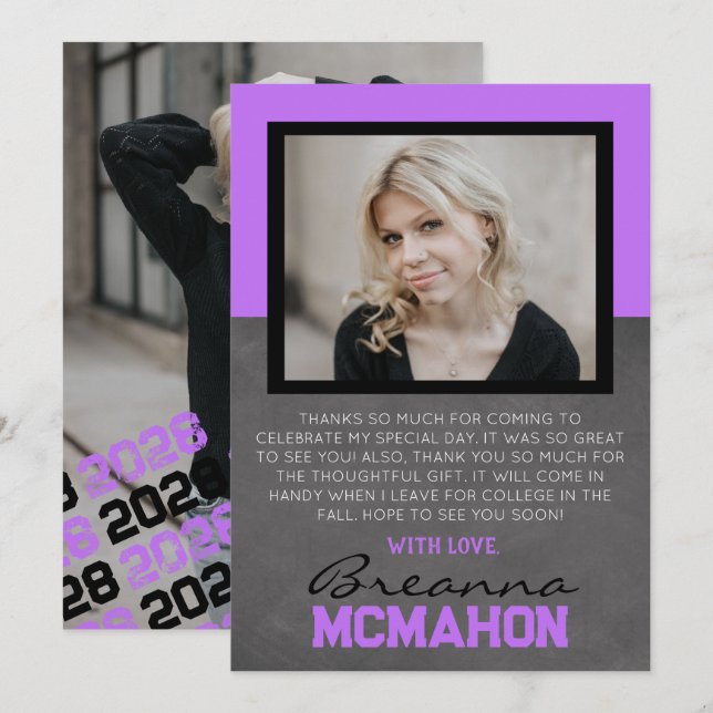 Purple & Black Graduation 2 Photo Thank You Card (Front/Back)