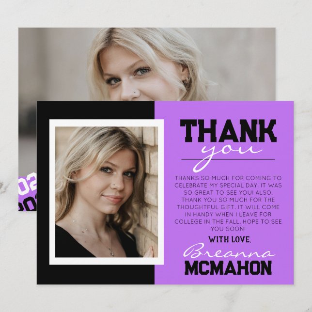 Purple & Black Graduation 2  Photo Thank You Card (Front/Back)