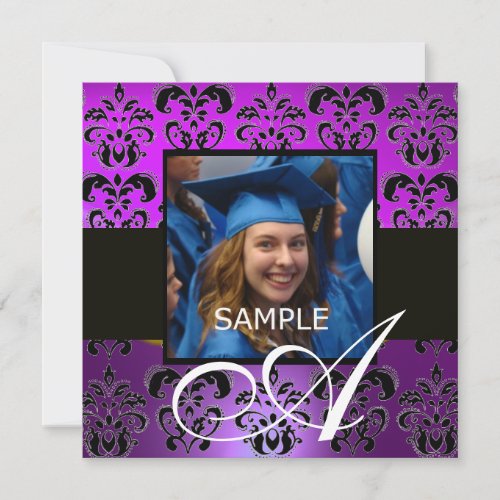 PURPLE BLACK GRADUATION DAMASK  MONOGRAM  violet Invitation