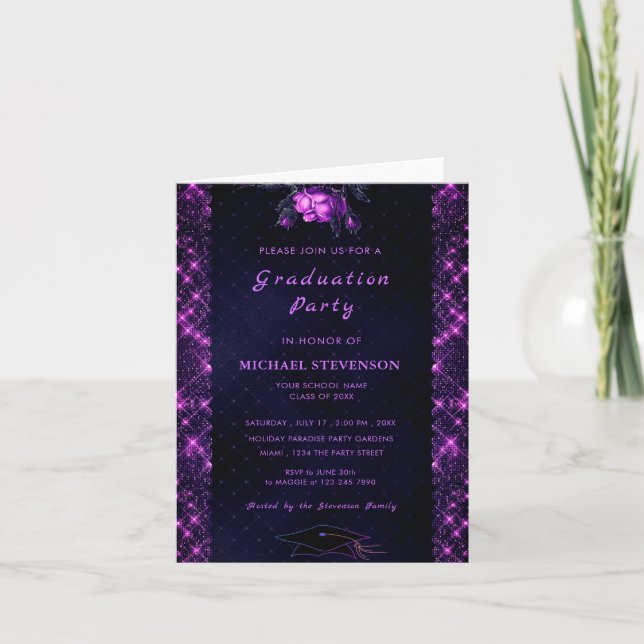 Purple Black Graduation Invitation with QR Code (Front)