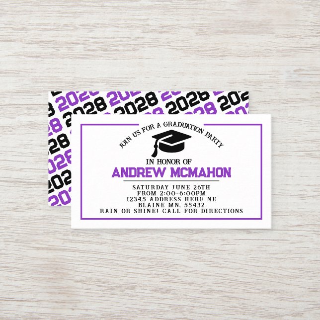 Purple Black Graduation Invite Announcement Insert (Purple, White and Black Mini Graduation Invites for Friends, Team Mates or as Inserts!)