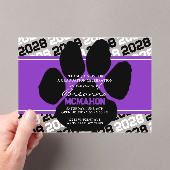 Purple & Black Graduation Pawprint Frosted Acrylic Invitations (Insitu (Handheld))