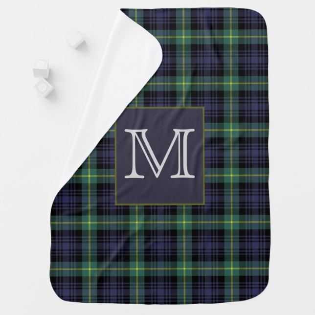 Purple Black Green Tartan Plaid Pattern Monogram Baby Blanket (In Situ)